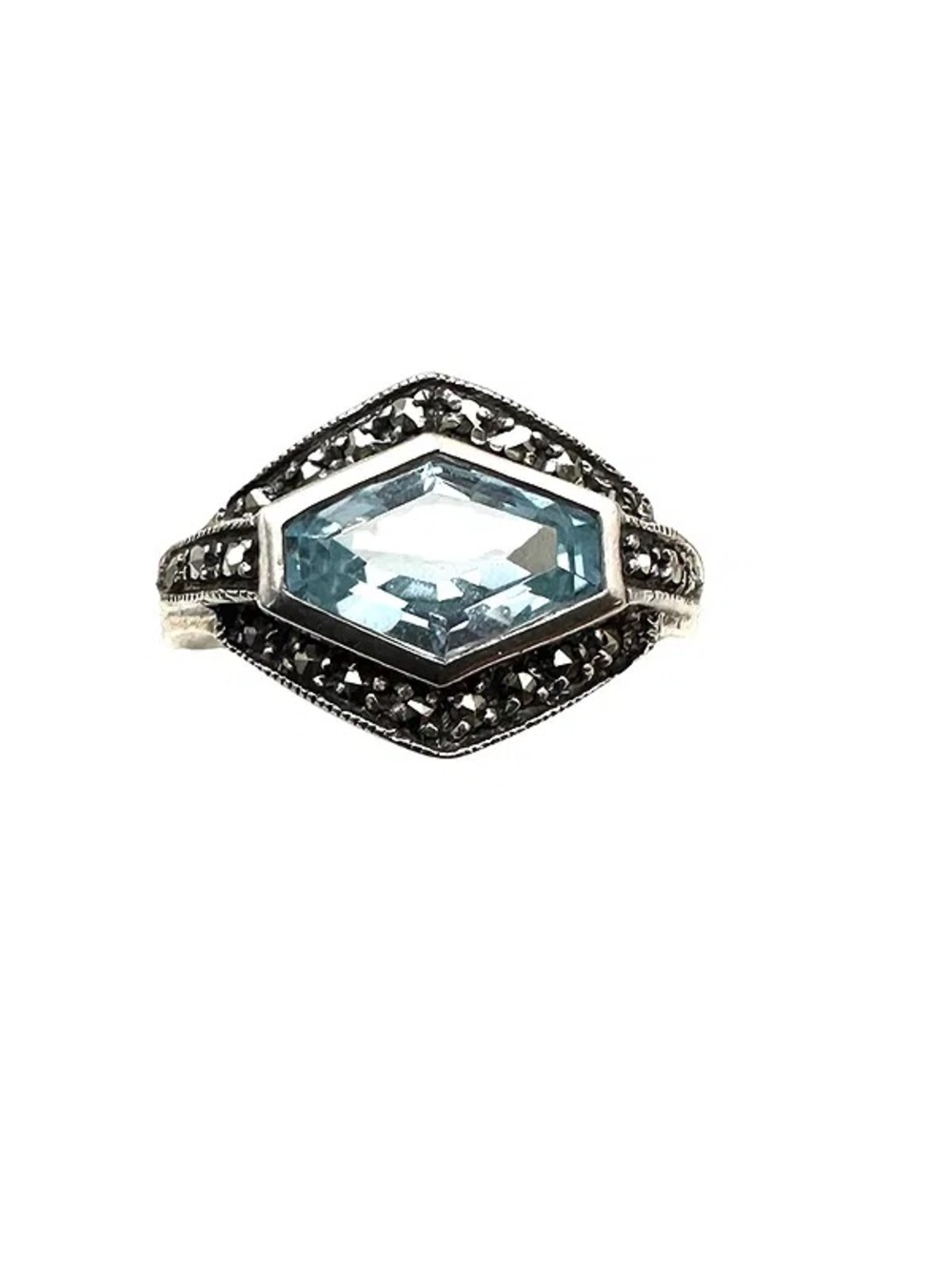Sterling Silver Blue Topaz Marcasite Ring size 8